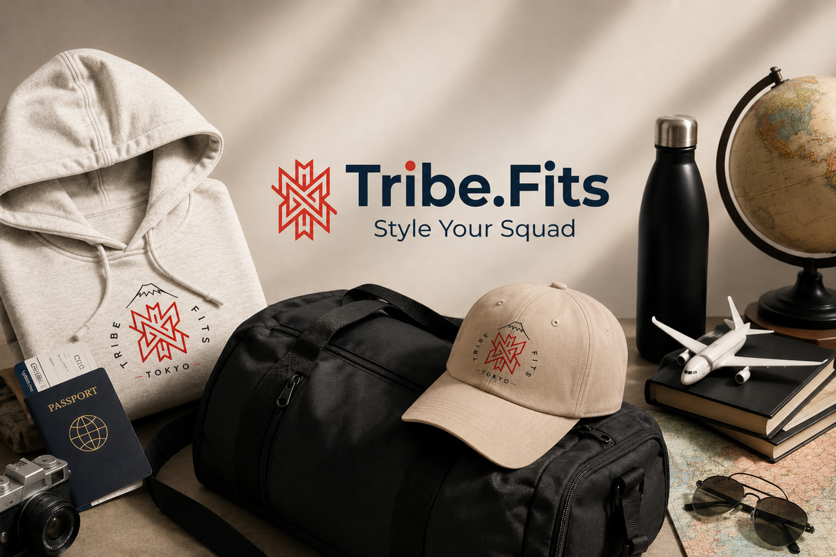 A styled travel-themed product display featuring a light gray hoodie, a black duffel bag, and a beige baseball cap, all printed with the Tribe.Fits logo.